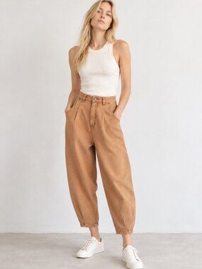 Zara Camel Tan Denim High Rise Slouchy Balloon Jeans Cotton Size 00